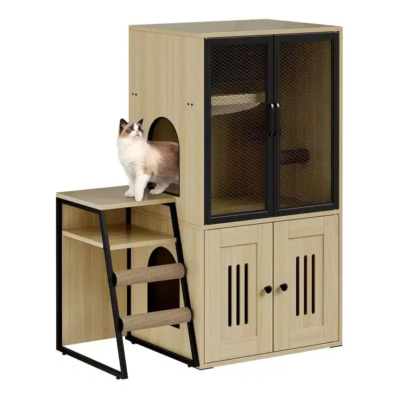 GustoWave Cat Litter Box Enclosure Furniture, 2 in 1 Hidden Double Cabinet Enclosed Litter Box with Ladder Wooden Cat Furniture