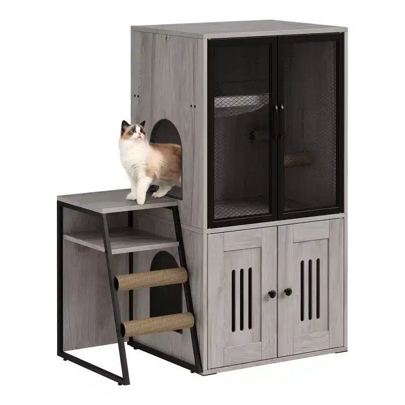 GustoWave Cat Litter Box Enclosure Furniture, 2 in 1 Hidden Double Cabinet Enclosed Litter Box with Ladder Wooden Cat Furniture