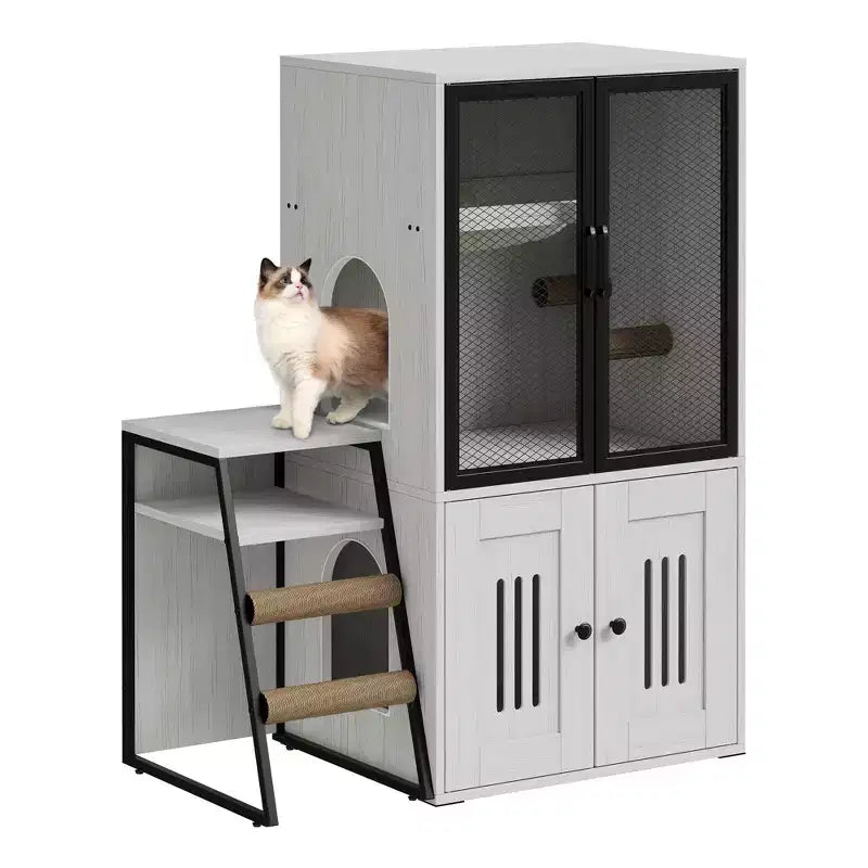 GustoWave Cat Litter Box Enclosure Furniture, 2 in 1 Hidden Double Cabinet Enclosed Litter Box with Ladder Wooden Cat Furniture