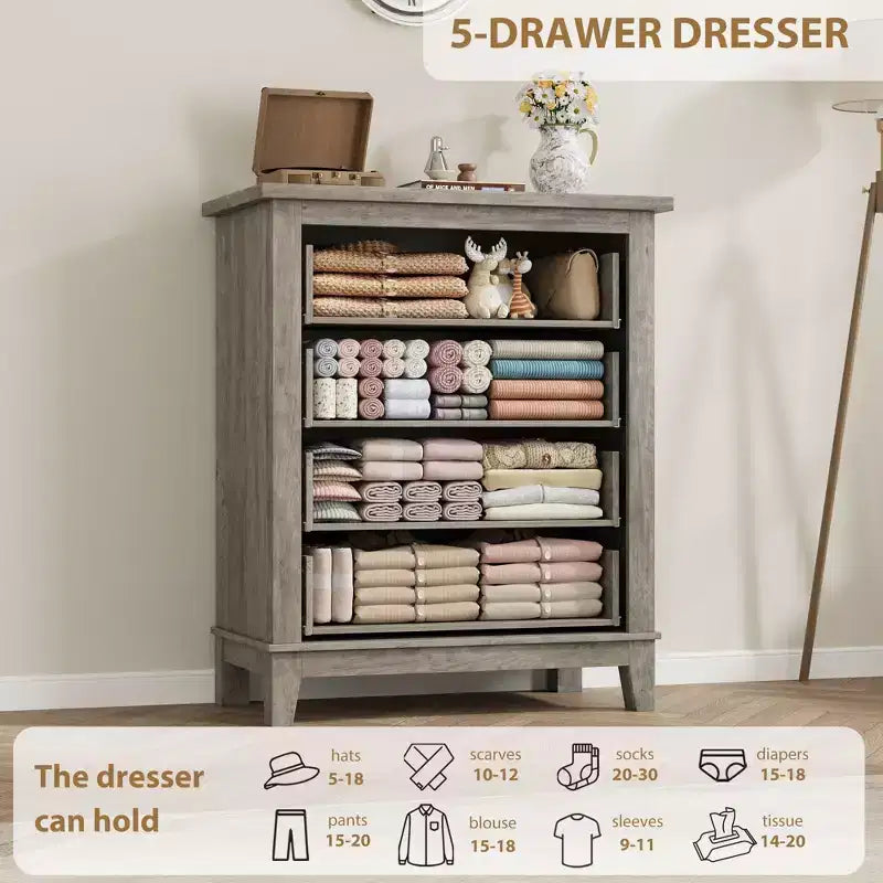 GustoWave 4 Dresser for Bedroom, 34.8 Tall Vertical Drawer Dresser with Large Storage, Freestanding Wooden Closet Chest for Bedroom, Living Room