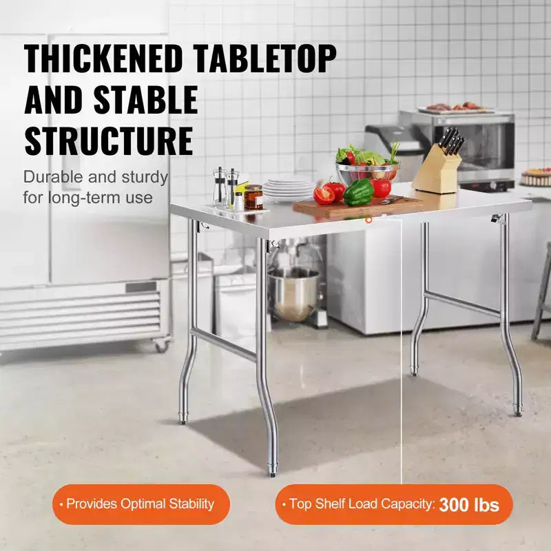 VEVOR Folding Commercial Prep Table,48 x 30 Inch Commercial Worktable Workstation,Heavy-duty Stainless Steel Folding Table with 300 lbs Load, Silver