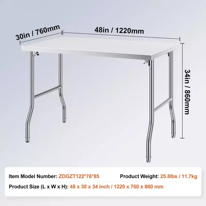 VEVOR Folding Commercial Prep Table,48 x 30 Inch Commercial Worktable Workstation,Heavy-duty Stainless Steel Folding Table with 300 lbs Load, Silver