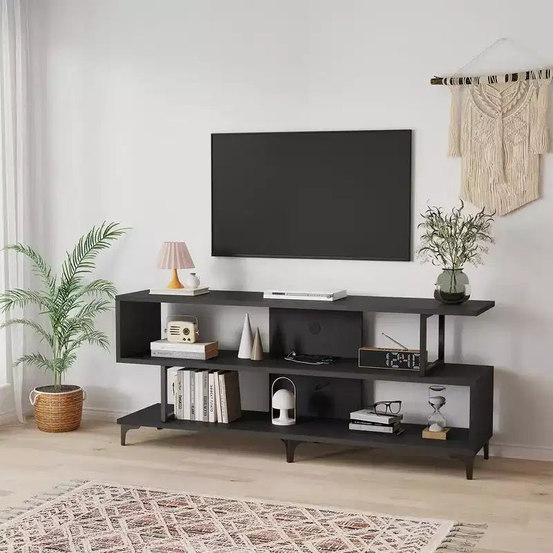 TV Stand for up to 60 Inch TVs, Modern Entertainment Center with Open Shelf, Charging Station, 4 Power Outlet & 2 USB Ports, for Living Room Bedroom