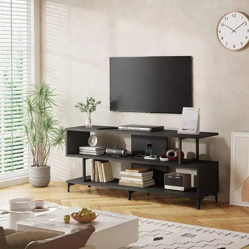 TV Stand for up to 60 Inch TVs, Modern Entertainment Center with Open Shelf, Charging Station, 4 Power Outlet & 2 USB Ports, for Living Room Bedroom