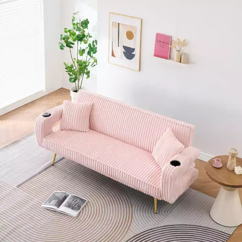 Zeus & Ruta Minimalist Corduroy Sofa with Throw Pillows