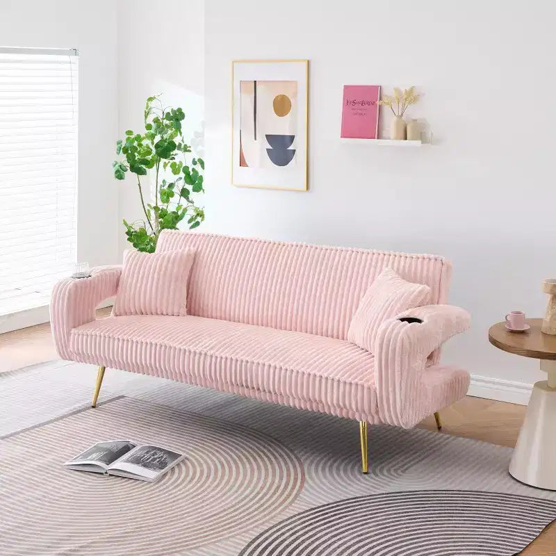 Zeus & Ruta Minimalist Corduroy Sofa with Throw Pillows