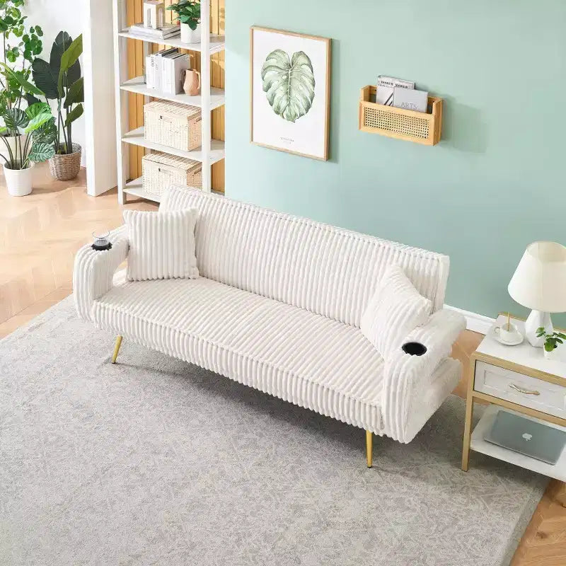 Zeus & Ruta Minimalist Corduroy Sofa with Throw Pillows