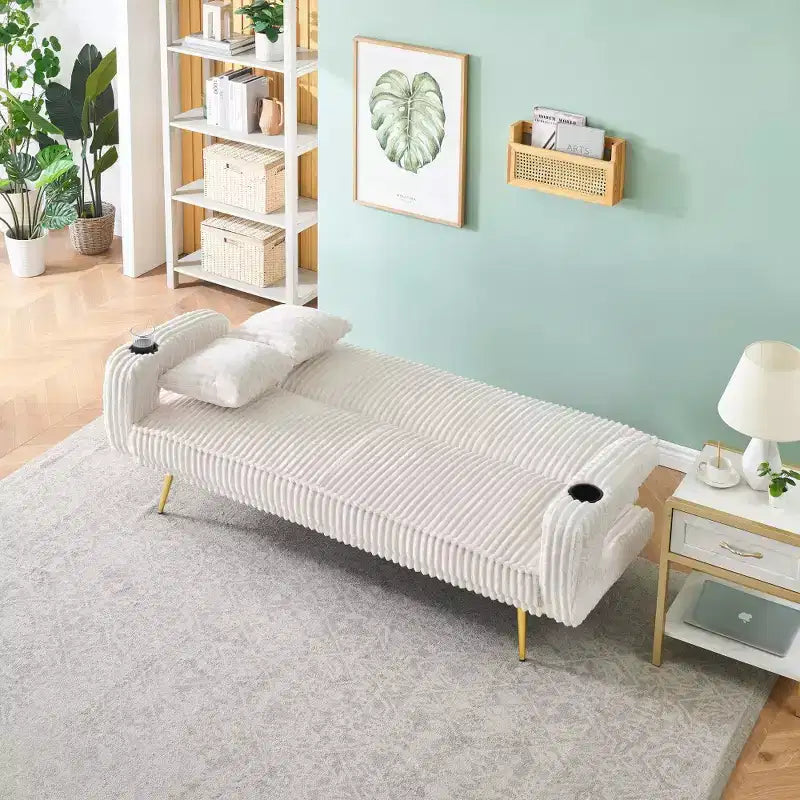 Zeus & Ruta Minimalist Corduroy Sofa with Throw Pillows