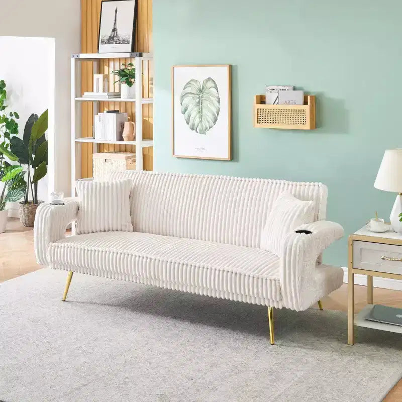 Zeus & Ruta Minimalist Corduroy Sofa with Throw Pillows