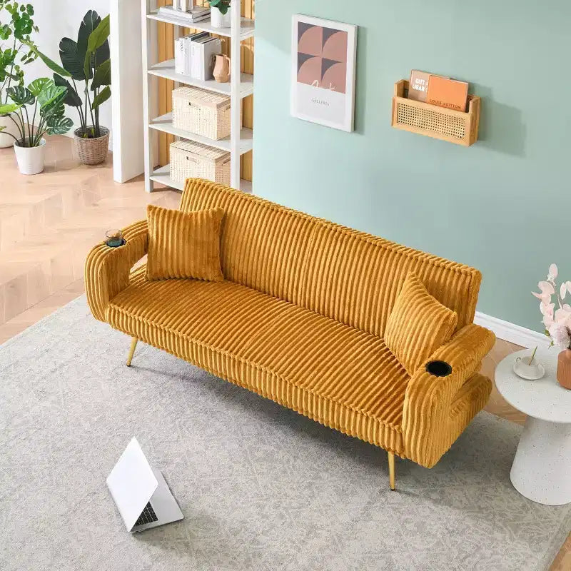 Zeus & Ruta Minimalist Corduroy Sofa with Throw Pillows