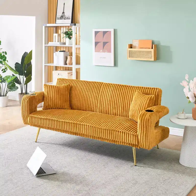 Zeus & Ruta Minimalist Corduroy Sofa with Throw Pillows
