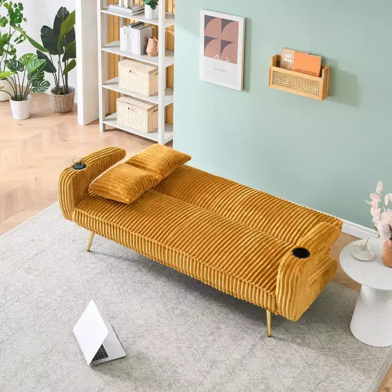 Zeus & Ruta Minimalist Corduroy Sofa with Throw Pillows