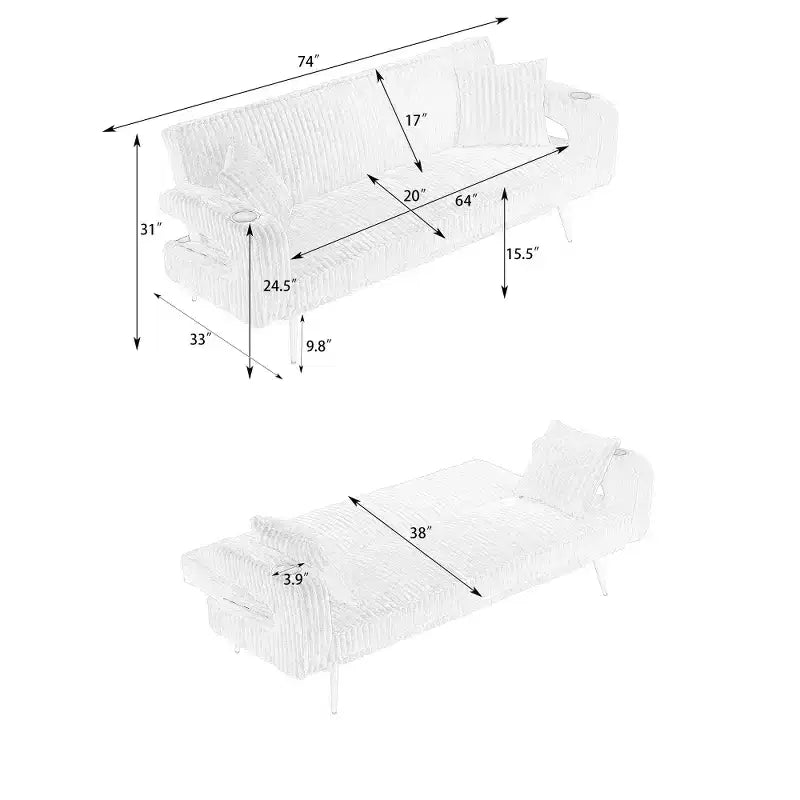 Zeus & Ruta Minimalist Corduroy Sofa with Throw Pillows