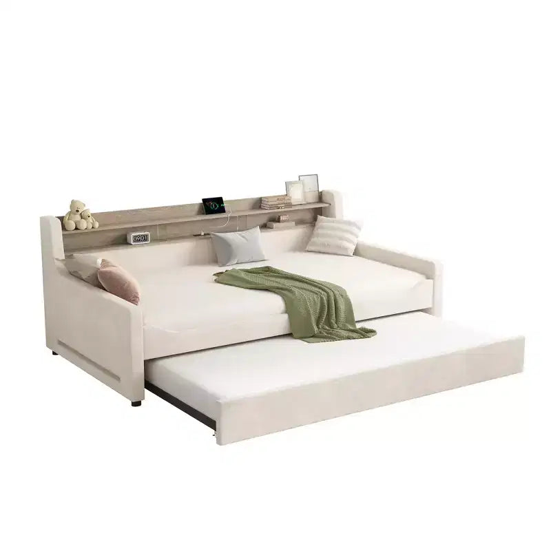 AMERLIFE Twin Daybed with Trundle, Upholstered Bed with Storage Headboard, LED & Charging Station, Velvet Corner Frame for Bedroom/Guest Room