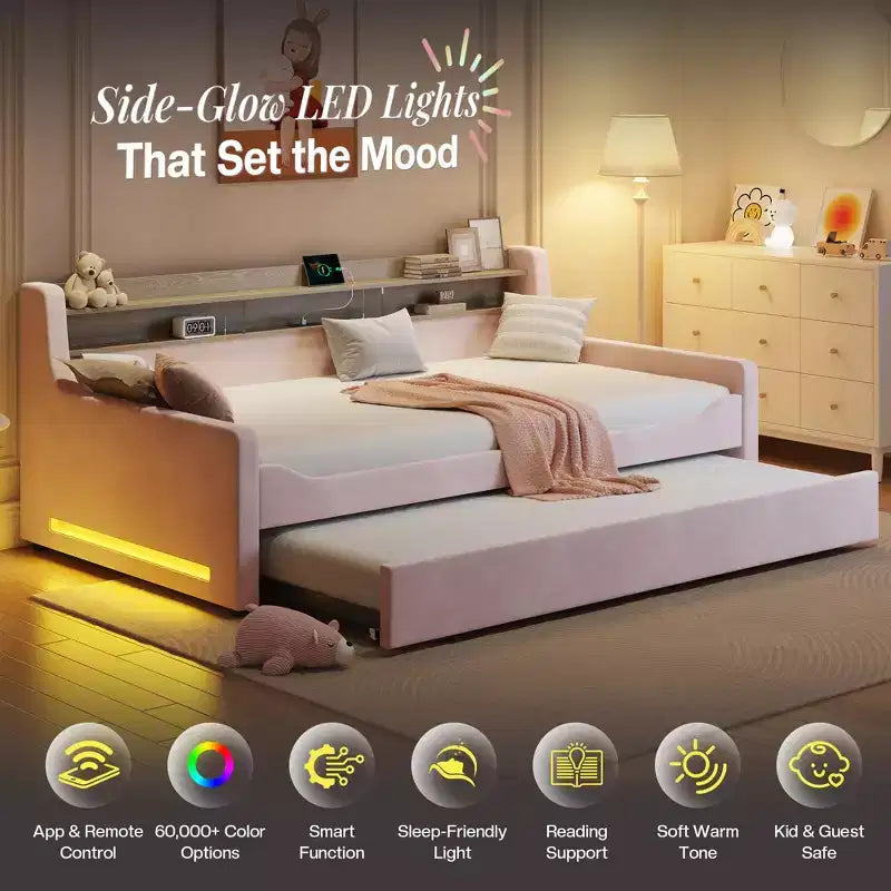 AMERLIFE Twin Daybed with Trundle, Upholstered Bed with Storage Headboard, LED & Charging Station, Velvet Corner Frame for Bedroom/Guest Room