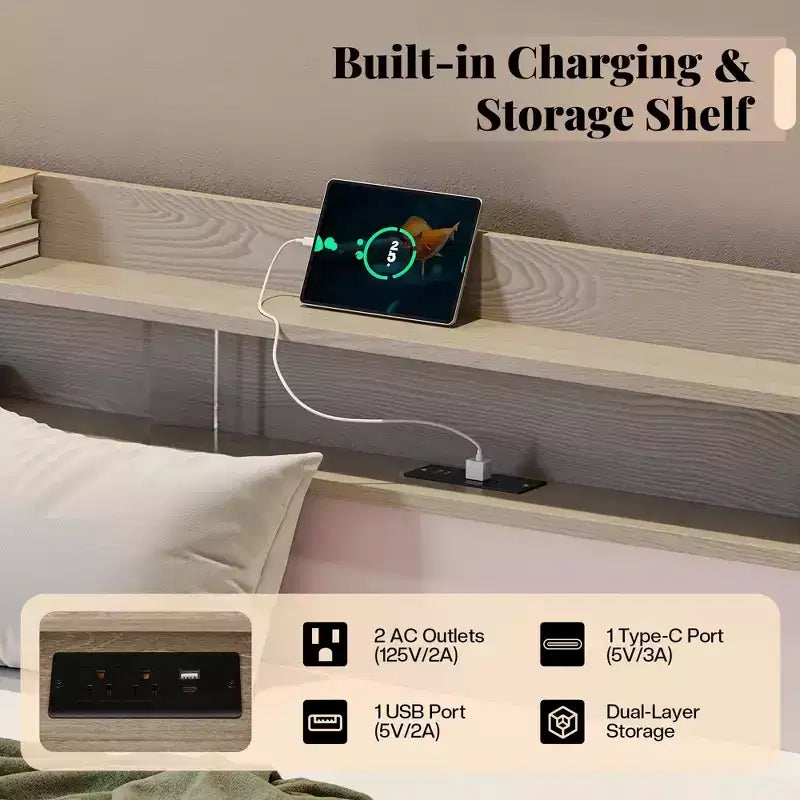 AMERLIFE Twin Daybed with Trundle, Upholstered Bed with Storage Headboard, LED & Charging Station, Velvet Corner Frame for Bedroom/Guest Room