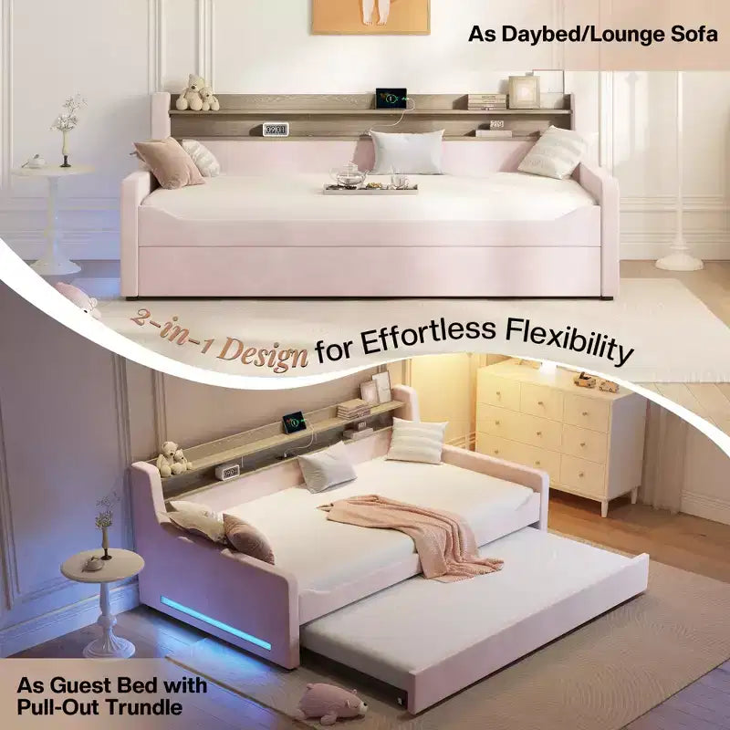 AMERLIFE Twin Daybed with Trundle, Upholstered Bed with Storage Headboard, LED & Charging Station, Velvet Corner Frame for Bedroom/Guest Room