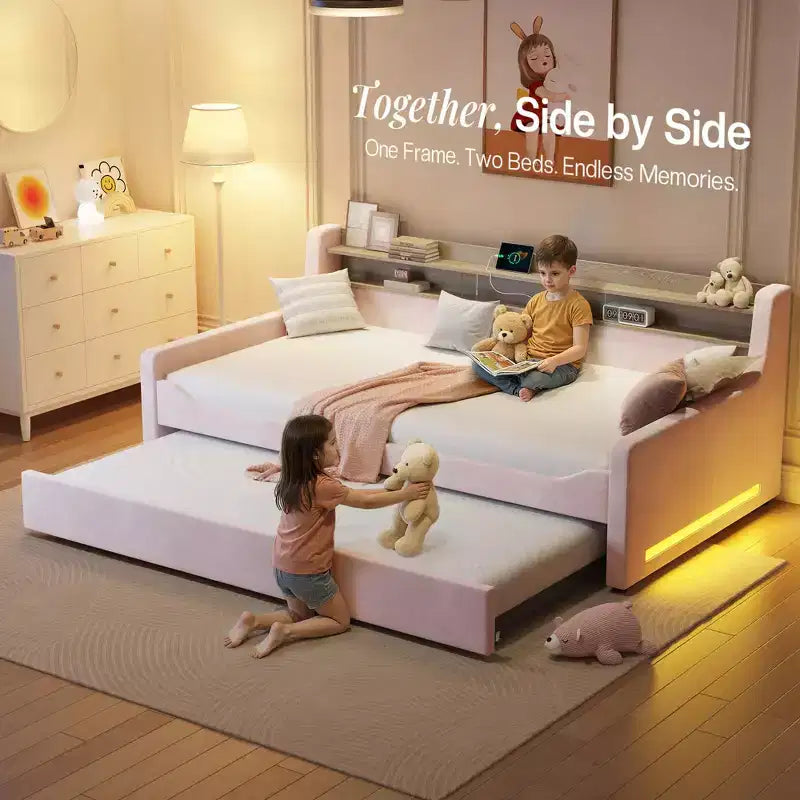 AMERLIFE Twin Daybed with Trundle, Upholstered Bed with Storage Headboard, LED & Charging Station, Velvet Corner Frame for Bedroom/Guest Room