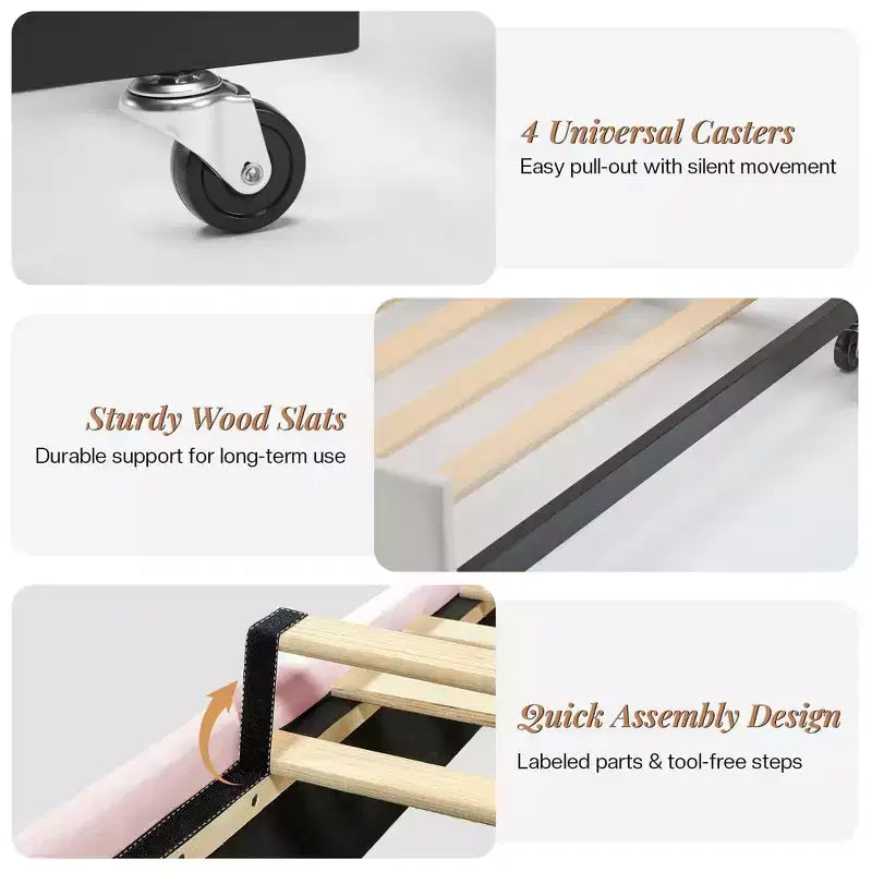 AMERLIFE Twin Daybed with Trundle, Upholstered Bed with Storage Headboard, LED & Charging Station, Velvet Corner Frame for Bedroom/Guest Room