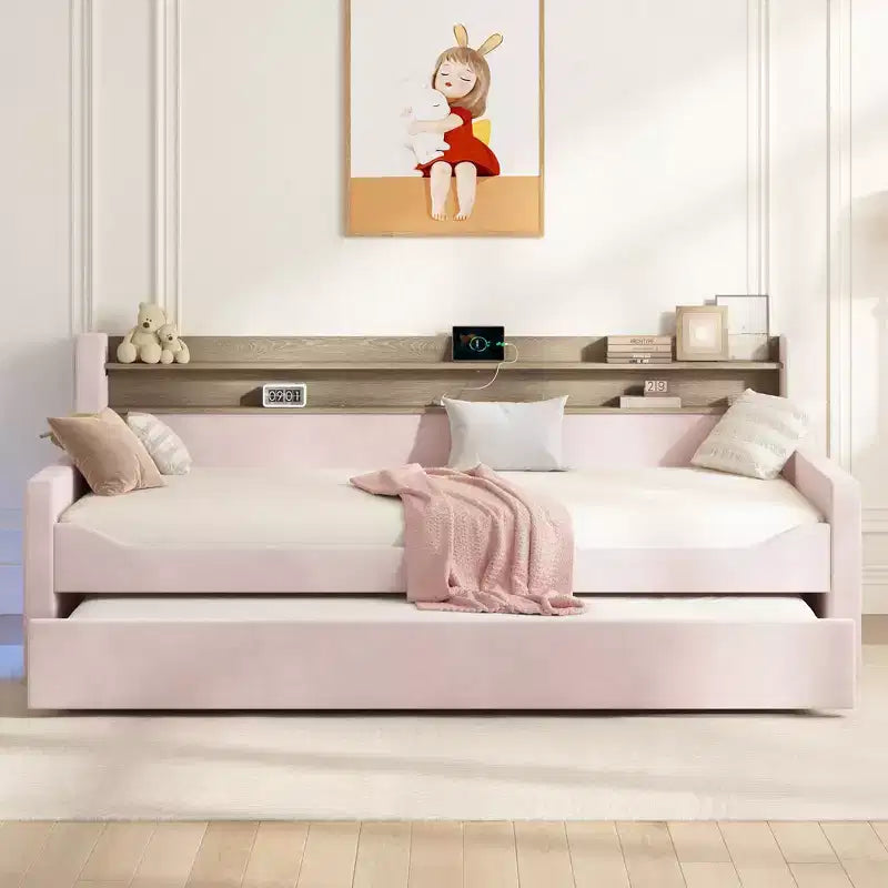 AMERLIFE Twin Daybed with Trundle, Upholstered Bed with Storage Headboard, LED & Charging Station, Velvet Corner Frame for Bedroom/Guest Room
