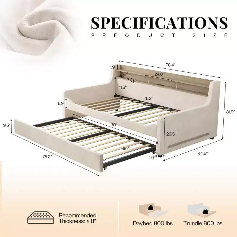 AMERLIFE Twin Daybed with Trundle, Upholstered Bed with Storage Headboard, LED & Charging Station, Velvet Corner Frame for Bedroom/Guest Room