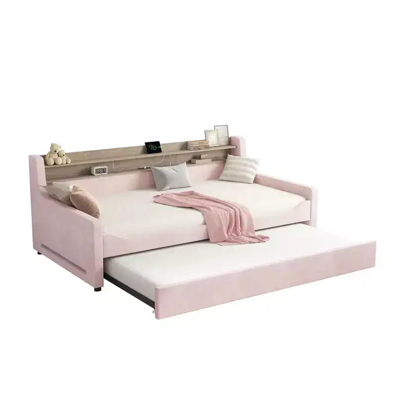 AMERLIFE Twin Daybed with Trundle, Upholstered Bed with Storage Headboard, LED & Charging Station, Velvet Corner Frame for Bedroom/Guest Room