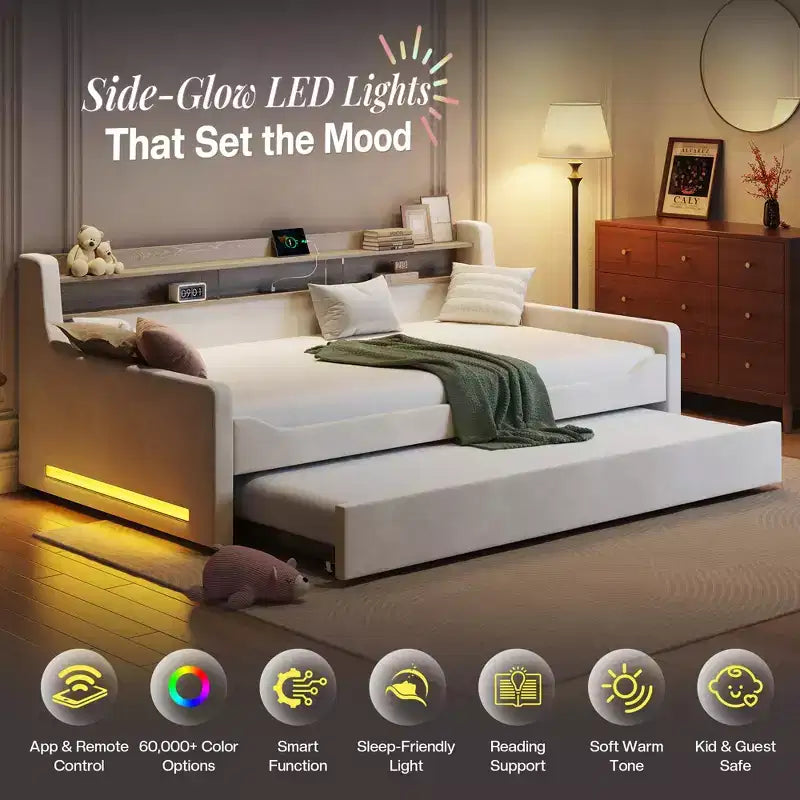 AMERLIFE Twin Daybed with Trundle, Upholstered Bed with Storage Headboard, LED & Charging Station, Velvet Corner Frame for Bedroom/Guest Room