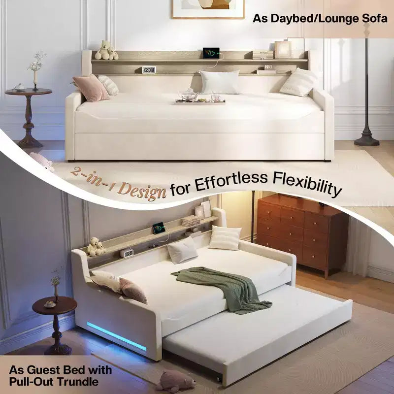 AMERLIFE Twin Daybed with Trundle, Upholstered Bed with Storage Headboard, LED & Charging Station, Velvet Corner Frame for Bedroom/Guest Room