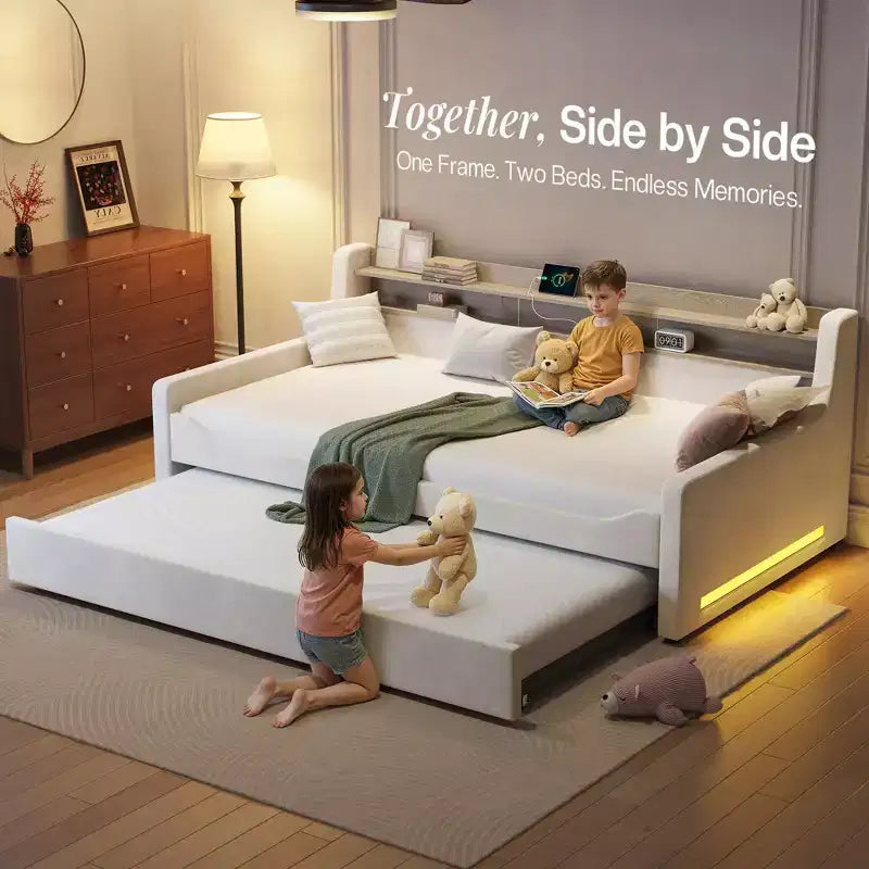 AMERLIFE Twin Daybed with Trundle, Upholstered Bed with Storage Headboard, LED & Charging Station, Velvet Corner Frame for Bedroom/Guest Room