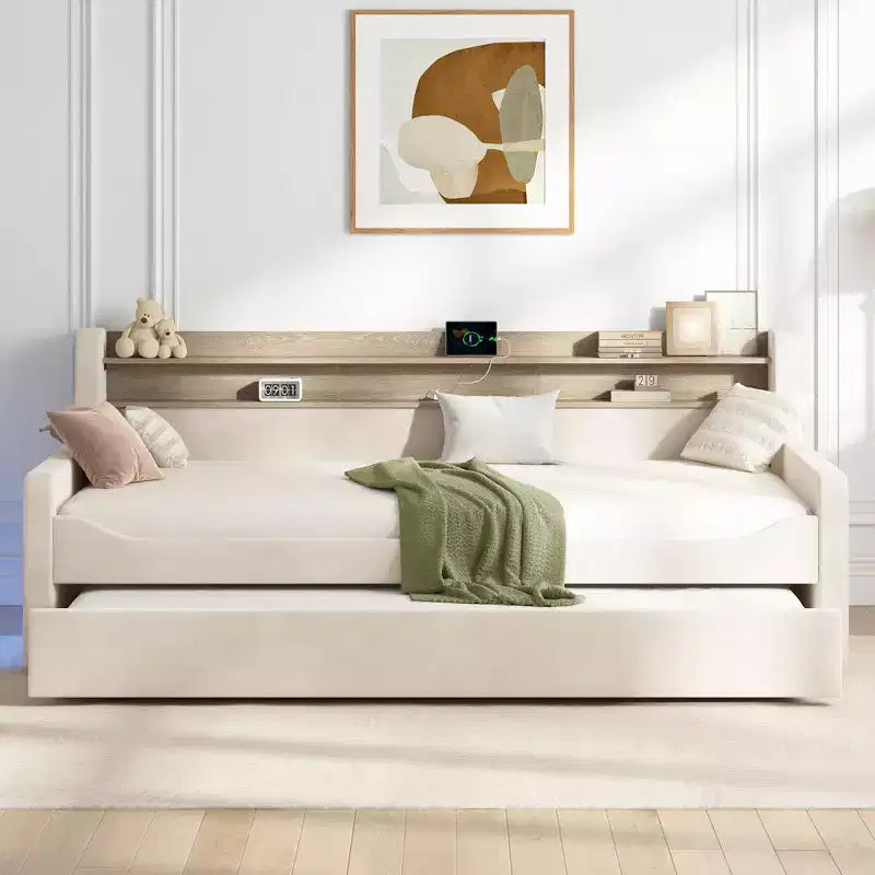 AMERLIFE Twin Daybed with Trundle, Upholstered Bed with Storage Headboard, LED & Charging Station, Velvet Corner Frame for Bedroom/Guest Room