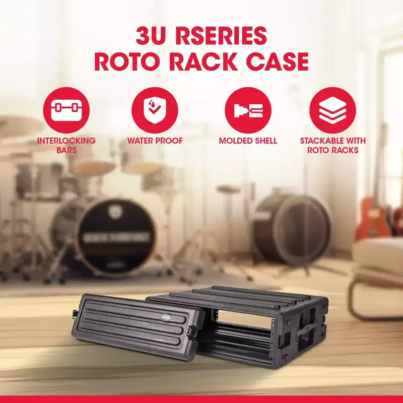SKB 3U Roto Rack Case - Durable Polyethylene Gear Protector, Stackable, Waterproof with Twist Latches & Rubber Feet for Musicians, Black
