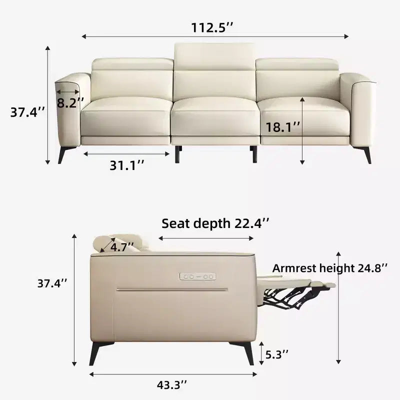 Gaoyangjiaju 112.5 in. ultra-comfortable genuine leather sofa 3-seater dual motor sofa