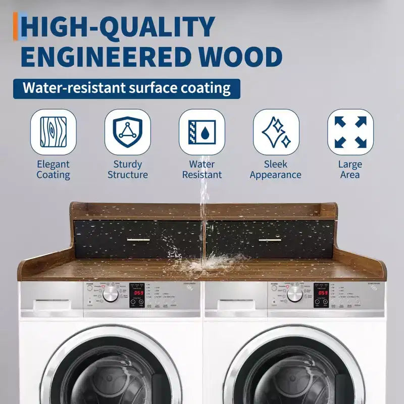 2-Tier Washer Dryer Countertop with 2 Drawers,Wood Laundry Countertop with 2.75 H Edge Rails,Waterproof Washer Dryer Cover with Anti-Slip Pads
