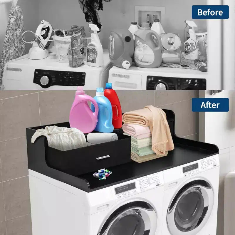 2-Tier Washer Dryer Countertop with 2 Drawers,Wood Laundry Countertop with 2.75 H Edge Rails,Waterproof Washer Dryer Cover with Anti-Slip Pads