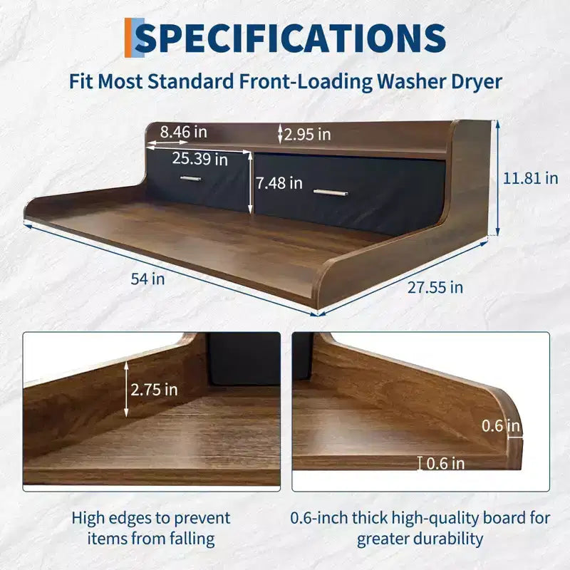 2-Tier Washer Dryer Countertop with 2 Drawers,Wood Laundry Countertop with 2.75 H Edge Rails,Waterproof Washer Dryer Cover with Anti-Slip Pads