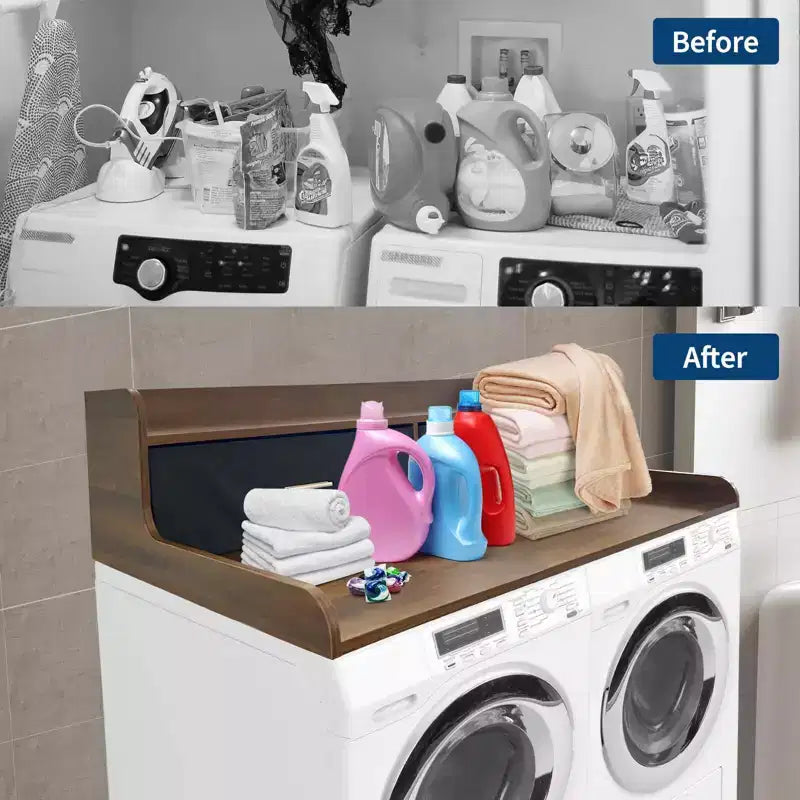 2-Tier Washer Dryer Countertop with 2 Drawers,Wood Laundry Countertop with 2.75 H Edge Rails,Waterproof Washer Dryer Cover with Anti-Slip Pads