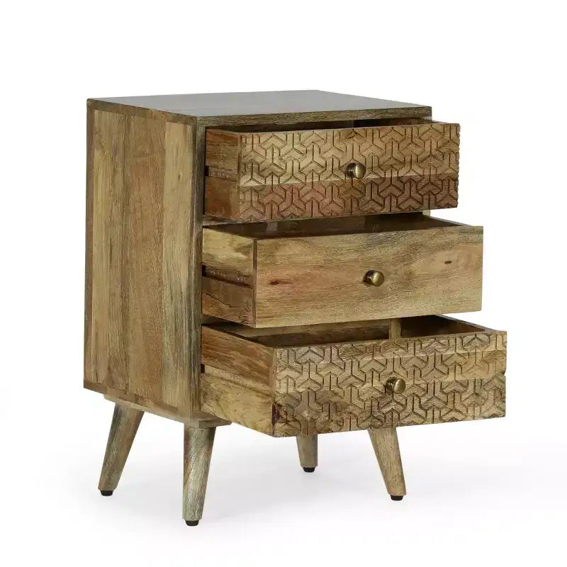 GDFStudio Stowe Boho Handmade Mango Wood 3 Drawer Nightstand