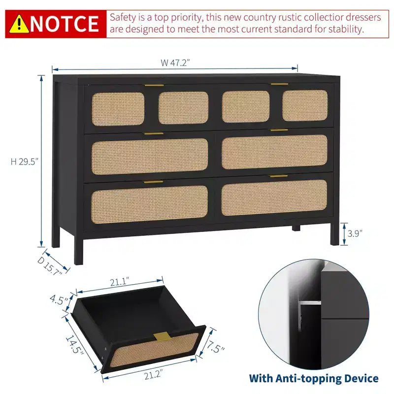 6-Drawer Rattan Dresser Metal Handles Wood Legs Boho Farmhouse Oak Storage for Bedroom Living Room Hallway Entryway