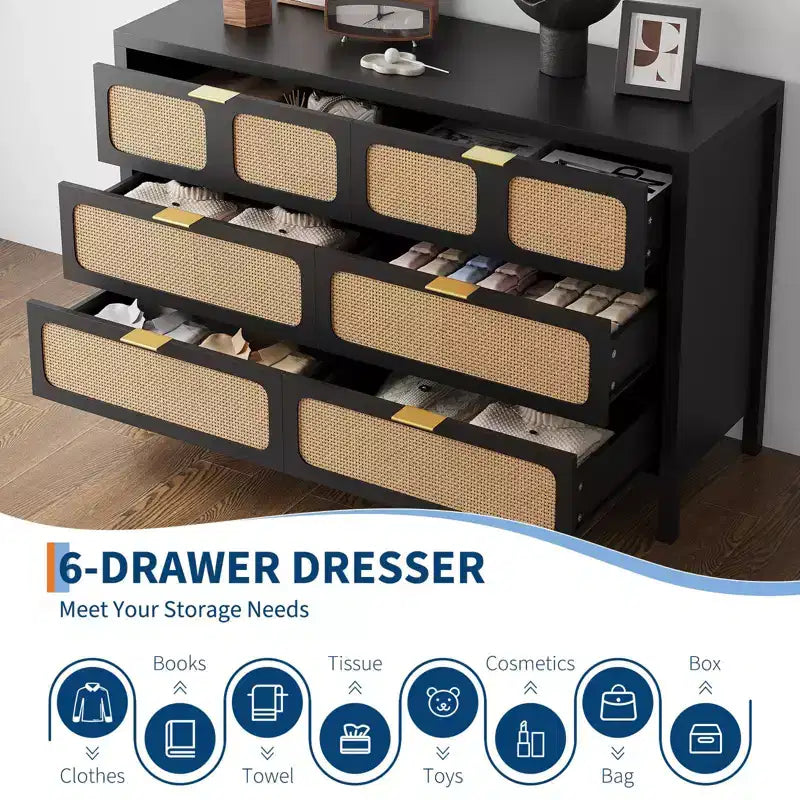 6-Drawer Rattan Dresser Metal Handles Wood Legs Boho Farmhouse Oak Storage for Bedroom Living Room Hallway Entryway
