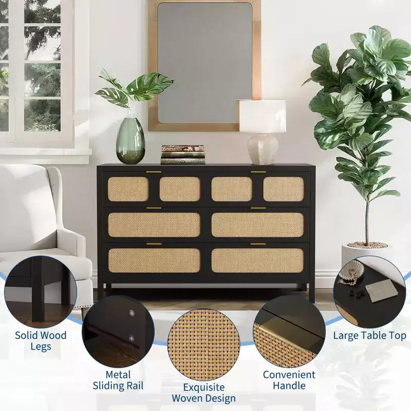 6-Drawer Rattan Dresser Metal Handles Wood Legs Boho Farmhouse Oak Storage for Bedroom Living Room Hallway Entryway