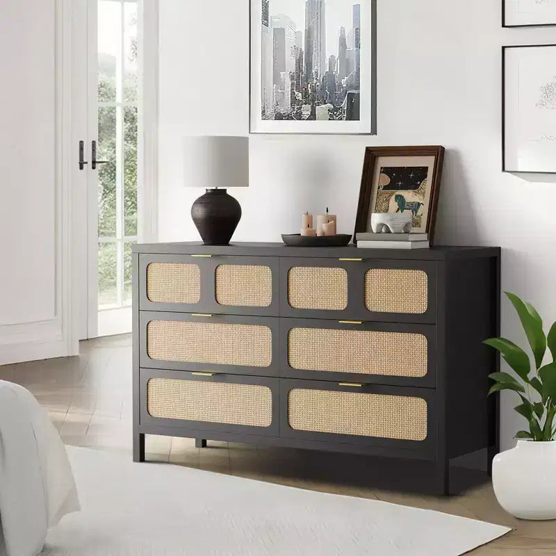6-Drawer Rattan Dresser Metal Handles Wood Legs Boho Farmhouse Oak Storage for Bedroom Living Room Hallway Entryway