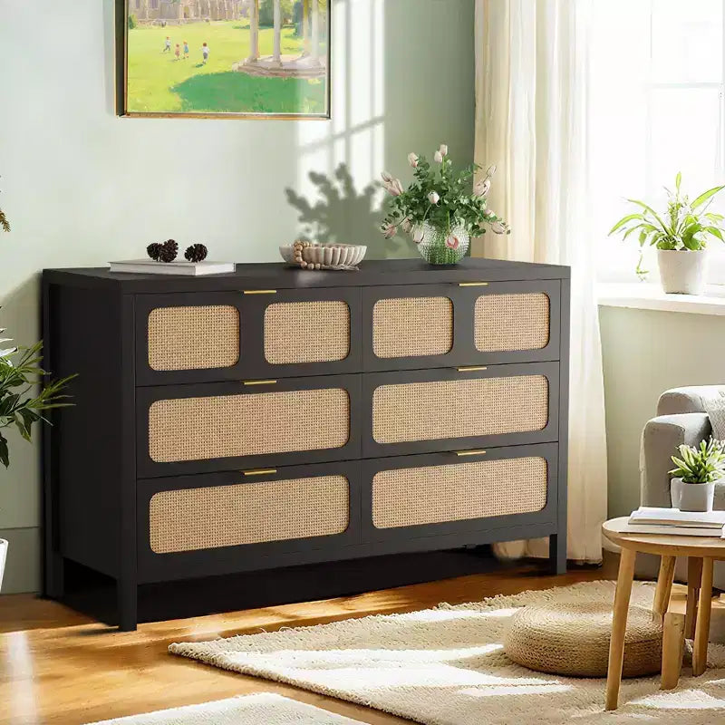 6-Drawer Rattan Dresser Metal Handles Wood Legs Boho Farmhouse Oak Storage for Bedroom Living Room Hallway Entryway