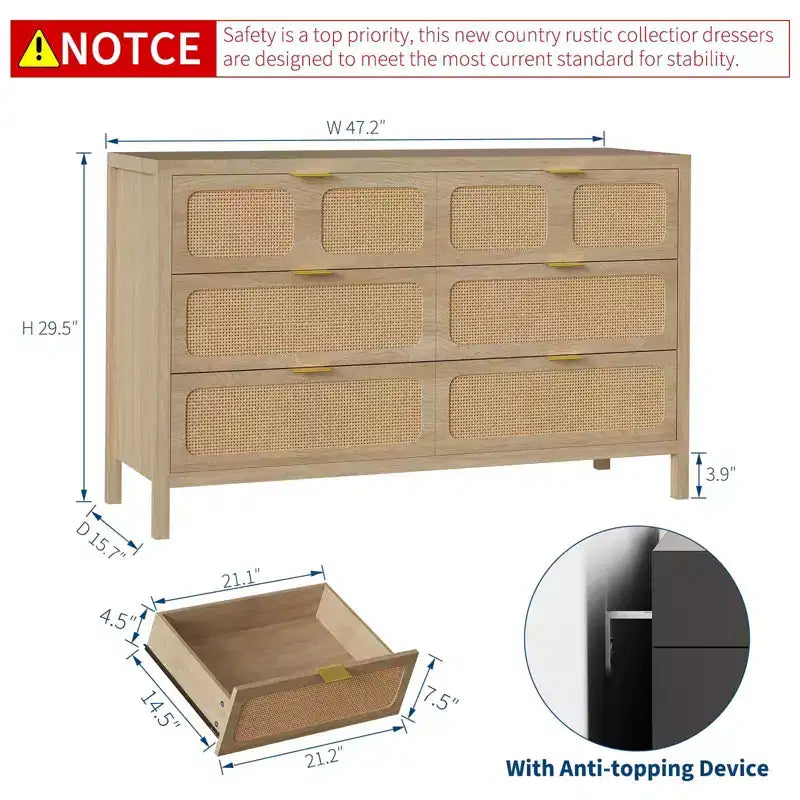 6-Drawer Rattan Dresser Metal Handles Wood Legs Boho Farmhouse Oak Storage for Bedroom Living Room Hallway Entryway