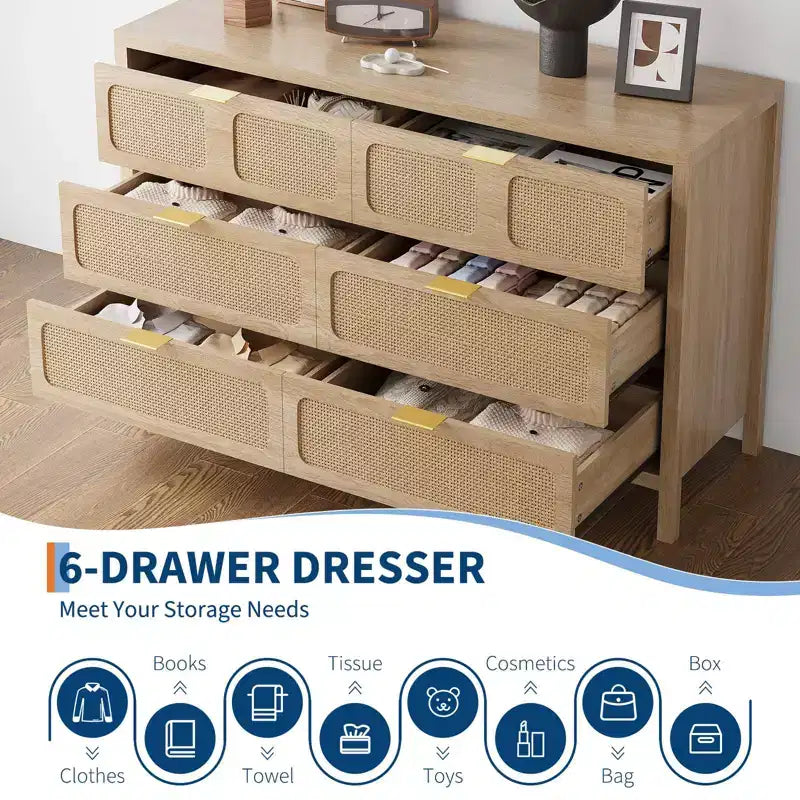 6-Drawer Rattan Dresser Metal Handles Wood Legs Boho Farmhouse Oak Storage for Bedroom Living Room Hallway Entryway