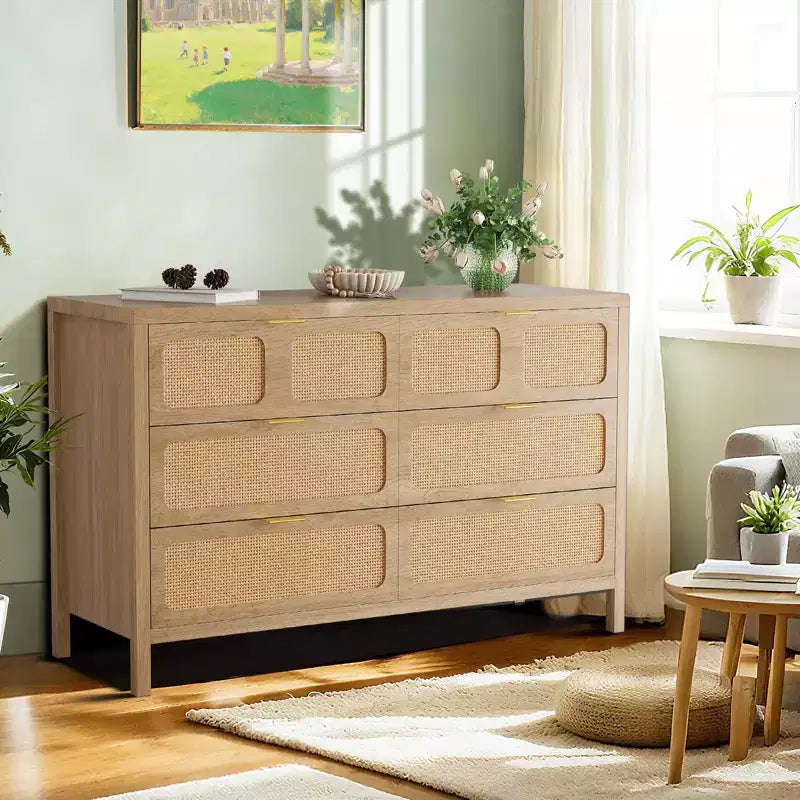 6-Drawer Rattan Dresser Metal Handles Wood Legs Boho Farmhouse Oak Storage for Bedroom Living Room Hallway Entryway
