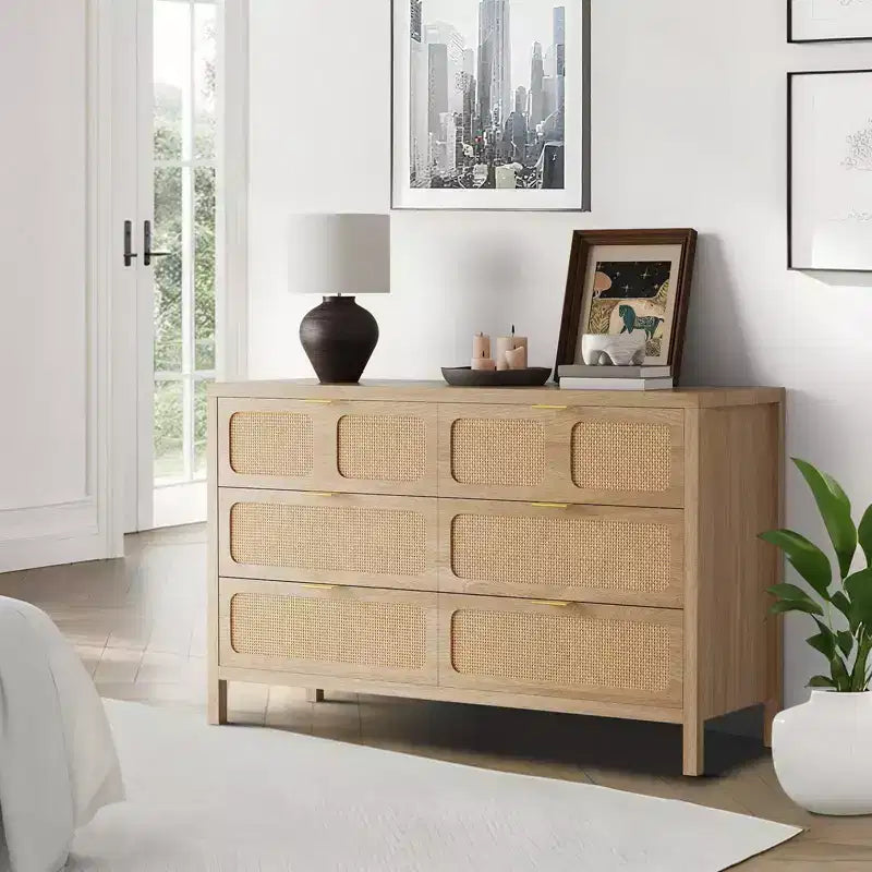 6-Drawer Rattan Dresser Metal Handles Wood Legs Boho Farmhouse Oak Storage for Bedroom Living Room Hallway Entryway