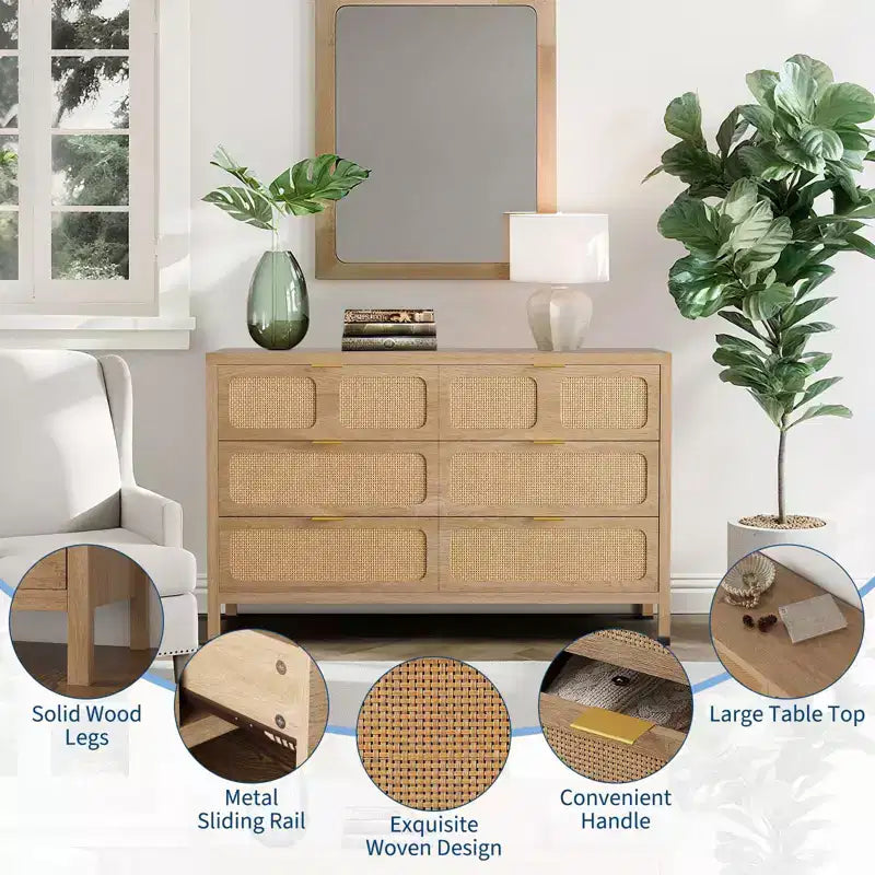 6-Drawer Rattan Dresser Metal Handles Wood Legs Boho Farmhouse Oak Storage for Bedroom Living Room Hallway Entryway