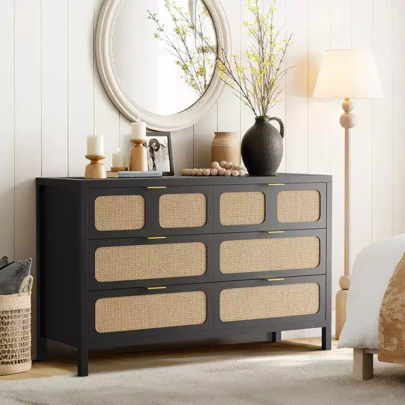 6-Drawer Rattan Dresser Metal Handles Wood Legs Boho Farmhouse Oak Storage for Bedroom Living Room Hallway Entryway
