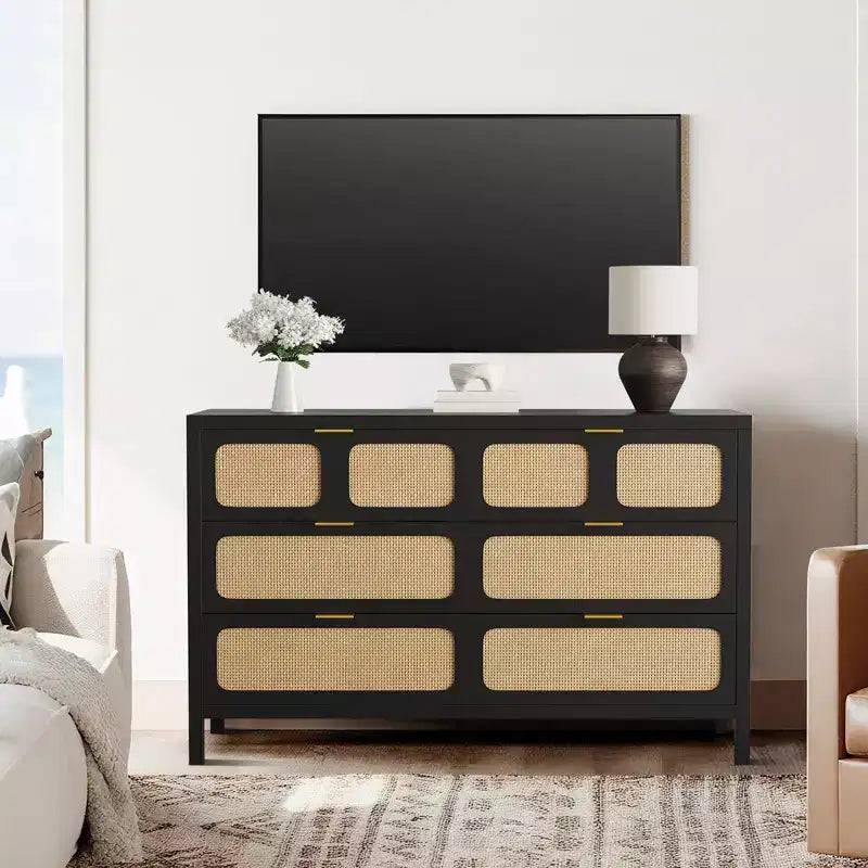 6-Drawer Rattan Dresser Metal Handles Wood Legs Boho Farmhouse Oak Storage for Bedroom Living Room Hallway Entryway