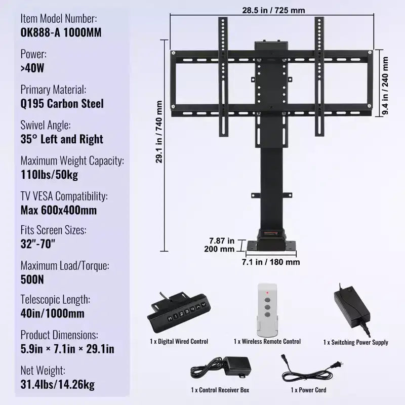 VEVOR Motorized TV Lift with Swivel, Adjustable Height 28.74-68.11 Inch for 32-70 Inch TVs, Remote Controlled, 154 Lbs Capacity, Black